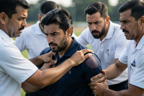 Talat taken to hospital after sustaining shoulder injury